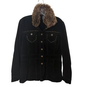 Kiki Jeans Corduroy Jacket Faux Fur Collar Studded Western Y2K Black M